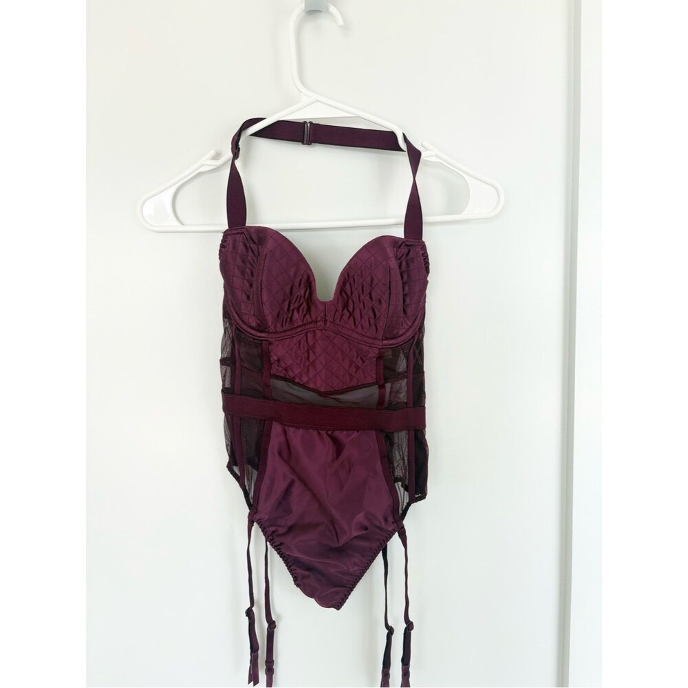 Victoria’s Secret Plum Purple Mesh Satin Bustier Teddy Lingerie Garter 32B